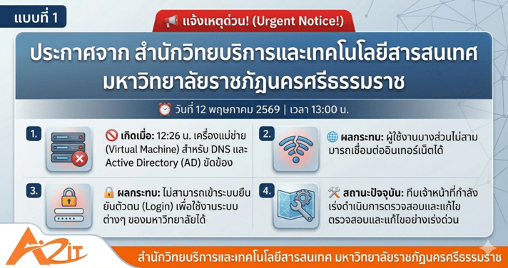 ตรวจพบเหตุขัดข้องของเครื่องแม่ข่าย (Virtual Machine) ที่ให้บริการระบบ DNS และ Active Directory (AD)